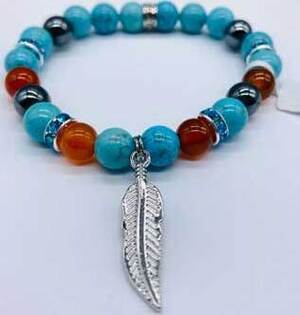 8mm Turquoise, Red Agate, Hematite with Feather